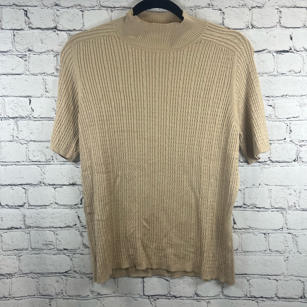 Neiman Marcus Tan Crewneck Ribbed Sweater